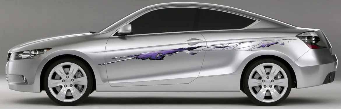 Custom pinstriping on a silver sedan