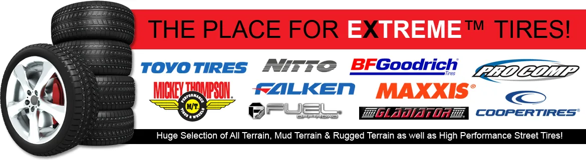 Tire brands: Toyo, Nitto, BFGoodrich, Pro Comp, Mickey Thompson, Falken, Maxxis, Fuel, Gladiator, Cooper